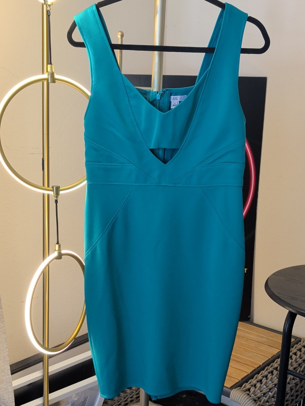 Zac Posen Teal/Green V-Neck Sleeveless Midi Sheath Dress